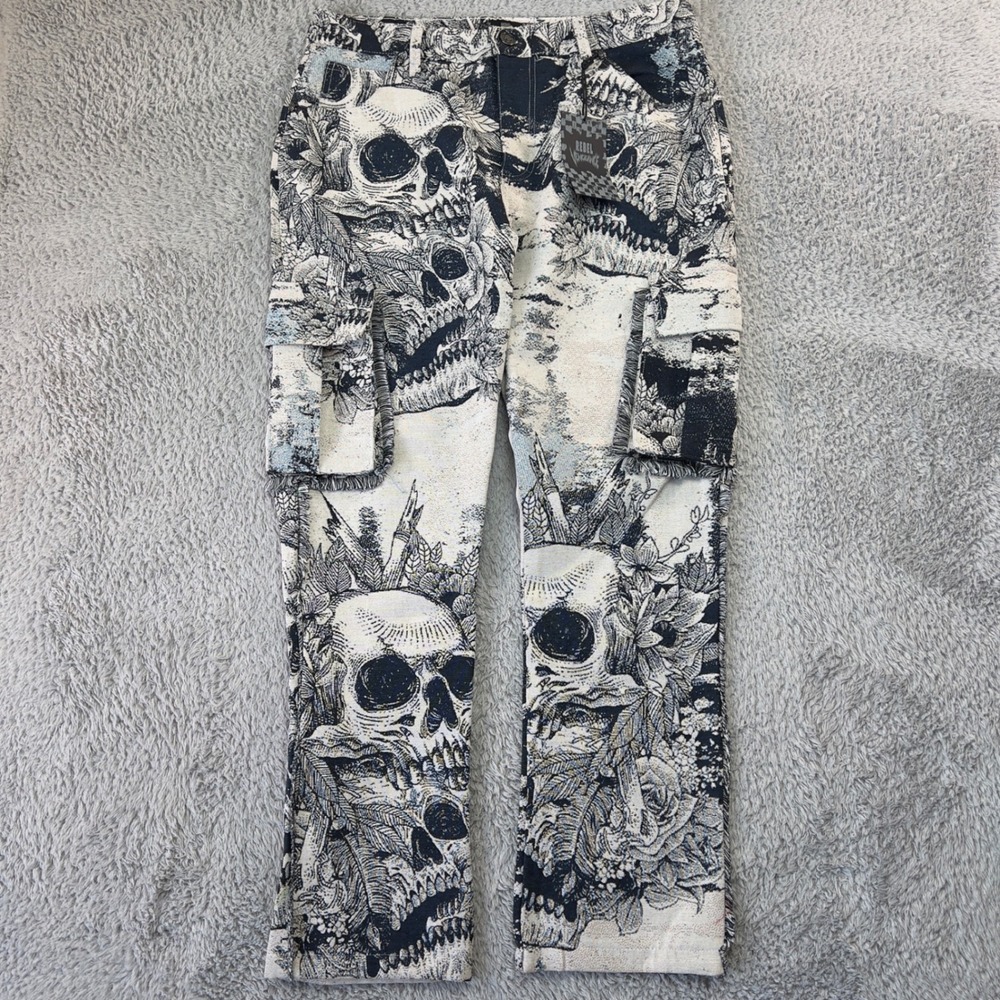 Rebel Vengeance Tapestry Cargo Pants     Men Skull Black Cream Woven Size 36 NEW